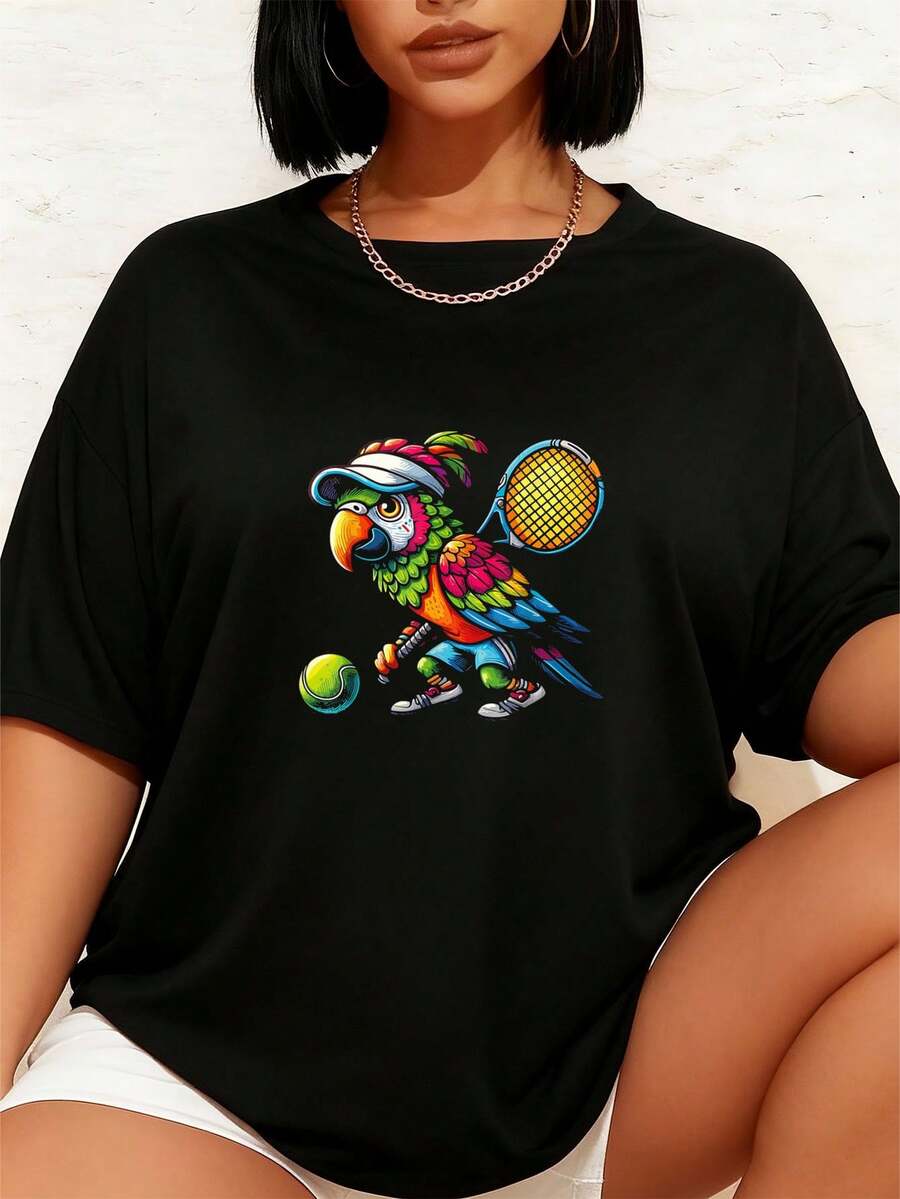 Parrot Tennis Club Tiere Sport Turnier Spieler T-Shirt Grafik T-Shirts Frauen Crop Tops Sommer Outfits für Frauen Sommer Tops T-Shirt - Schwarz - Übersicht 1