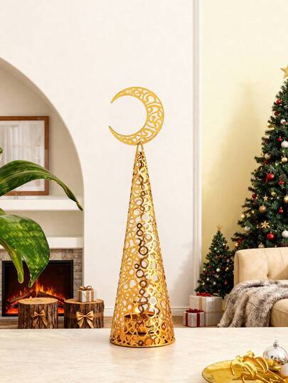 1pc Pine Tree & Crescent Moon Shaped Candle Holder - Creative Design, Luxurious Style, Exquisite Decor, Metal Craftsmanship | Suitable For Tabletop, Living Room, Bathroom, Dining Room, Holiday Gifts And Decorations