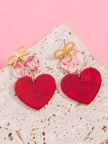 1 Pair Elegant Bow, Red Sequin, Heart Shaped Tassel Earrings, Valentine's Day Gift For Girlfriend, Date Night Jewelry (No Card) - Multicolor - View 3
