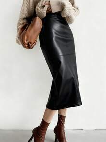 Women's PU Leather Skirt, Fashionable Commuter Zipper Slit French Elegant Fitted Maxi Skirt - Black - View 2