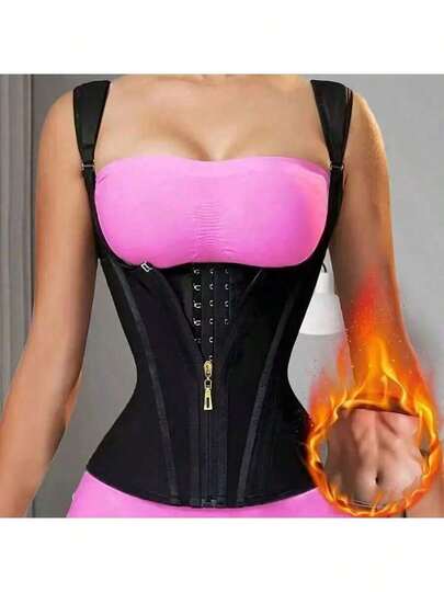 Women's Waist Trainer | Adjustable Shoulder Straps And Boned Support | Double Compression Shapewear, Zipper Closure | Fashionable Black, Smooth Latex Fabric | Tummy Control Vest, Improves Silhouette And Waistline, Shaping Garment | Secure Zipper Seal | Abdominal Shaping Wear