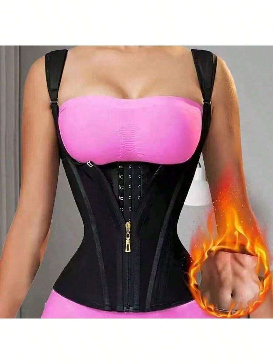 Corset modelator pentru femei | Bretele reglabile pentru umeri și suport cu țesătură osoasă | Lenjerie modelatoare cu compresie dublă, închidere cu fermoar | Material latex neted, negru, la modă | Vestă modelatoare pentru abdomen, îmbunătățește silueta și talia, articol vestimentar modelator | Etanșare sigură cu fermoar | Lenjerie modelatoare abdominală
