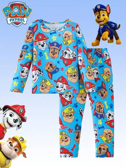  2 delar Paw Patrol pojkars pyjamasset, söt tecknad heltryck grå rund hals långärmad t-shirt och byxor, höst/vinter pojkar sovkläder för vardagsbruk, högtidsgåva