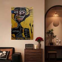 Framed 1pc Framed Jean-Michel Basquiat Cabeza 1984 Art Poster - Vibrant Yellow & Blue Abstract Face Canvas Wall Art, Modern Minimalist Decor For Living Room, Bedroom, Office, Bathroom, And Hallway, Easy To Hang, Canvas Wall Art, Basquiat, Poster, Wall Picture, Framed Picture For Immediate Hanging, Framed Wall Decoration - 框架 - 查看 2