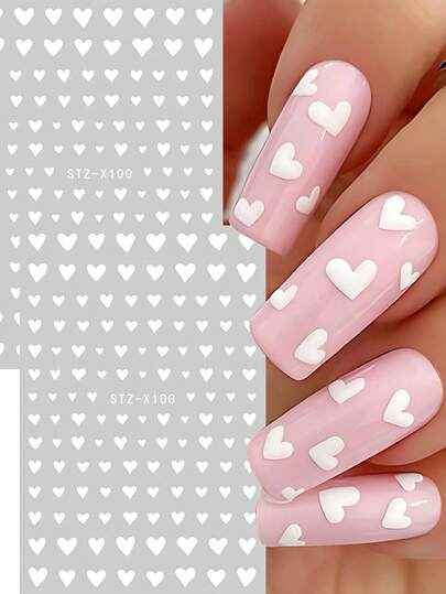 2pcs White Heart Nail Art Stickers, Mixed Sizes For Valentine's Day, Solid Color Cute Nail Stickers, Japanese Wedding Nail Stickers, DIY Holiday Nail Decorations, Suitable For Women