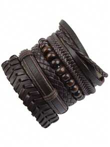 6pcs Vintage Black Woven Leather Bracelet DIY Combination Set For Men