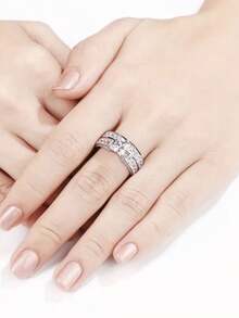 Charming Couple Ring Fashion New Silver Women's Wedding Ring Set, 1 Men's Stainless Steel Wedding Ring Valentine's Day Jewelry - 銀色 - 查看 3