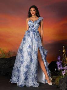 VIPGIRL Floral Print Mesh Ruffle Trim Asymmetric Neck Evening Maxi Dress - Blue - View 7