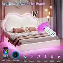 Floating Upholstered Bed Frame With LED Light, Cute Cloud Headboard For Girls, Sturdy Construction, Easy Assembly, No Box Spring Needed - 白色 - 查看 3
