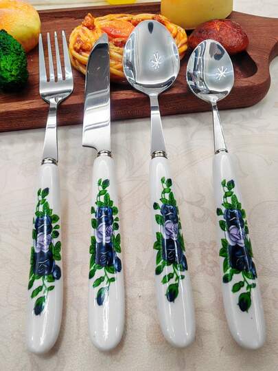 4/24pcs Beautiful Blue Rose Printed Ceramic Handle Stainless Steel Silverware Tableware, Fork, Dessert Spoon, Spoon, Steak Knife, Unique And Elegant Tableware Set, Suitable For Home, Restaurant, Kitchen, Daily Dining, Party And Holiday Gatherings