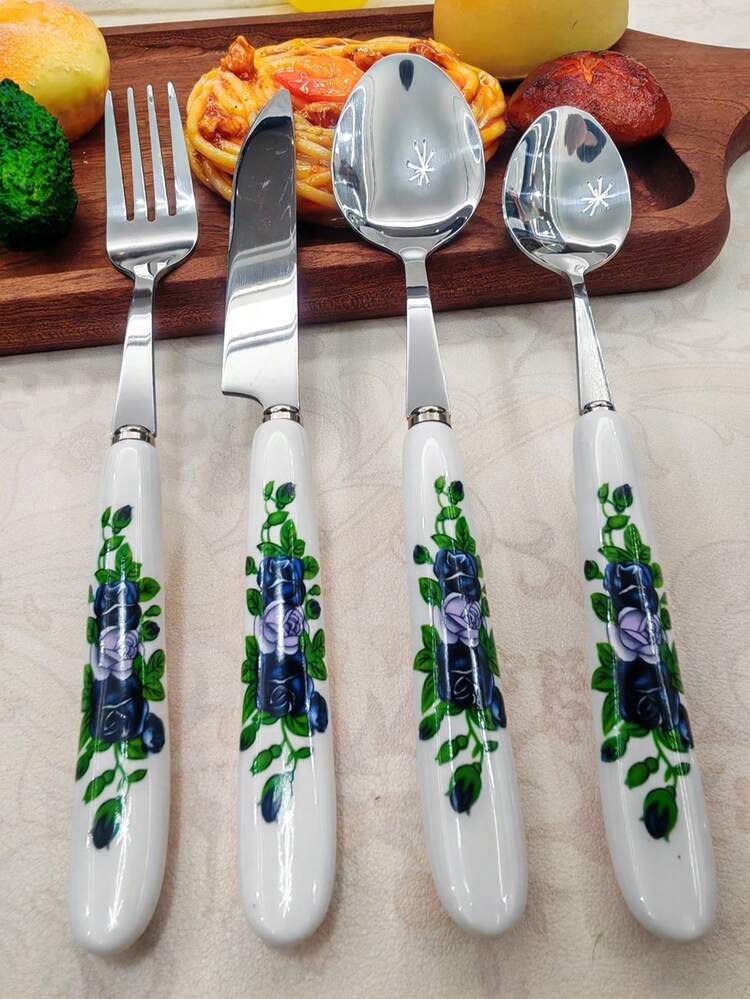 4/24pcs Beautiful Blue Rose Printed Ceramic Handle Stainless Steel Silverware Tableware, Fork, Dessert Spoon, Spoon, Steak Knife, Unique And Elegant Tableware Set, Suitable For Home, Restaurant, Kitchen, Daily Dining, Party And Holiday Gatherings - Silver - View 1
