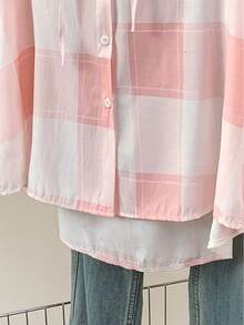 Camisa con capucha de manga larga a cuadros casual para mujer, con botones delanteros, adecuada para otoño, invierno, primavera, escuela, fiesta, rosa - Rosa - Ver 6