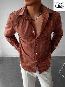 WAIT HIM Men's Striped Single-Breasted Casual Long Sleeve Shirt - Redwood - View 3