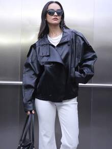 女士PU皮夹克，拉链闭合，长袖，飞行员夹克，秋冬外套 - 黑色 - 查看 2