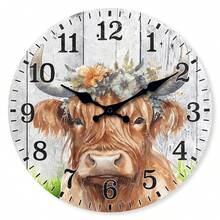 Constantplanet Vintage Scottish Highland Cow Floral Pattern Wall Clock - Silent Non-Ticking Wooden Digit Clock, Suitable For Living Room, Kitchen Decor, 10/12/14 Inch, Farmhouse Style Home Gift (Batteries Not Included), Silent Wall Clock | Floral Pattern Decorative Clock | Prominent Digit Display, Wall Clock Suitable For Living Room, Bedroom, Dorm, Back To School Season, School Decor, Campus Surprise, Home Decor, School Supplies - Multicolor - View 10