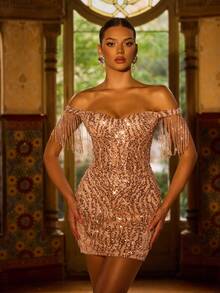 Faeriesty Đầm dạ hội nữ ôm sát, trễ vai, có tua rua, thích hợp cho đám cưới, dạ tiệc, sự kiện công ty, dạ hội từ thiện và lễ trao giải, thanh lịch mùa xuân. - Rượu sâm banh - Xem 5