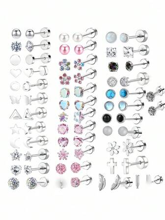 12 زوج من أقراط غير مسببة للحساسية للبنات والسيدات - أقراط مسمار خلفي من الفولاذ الجراحي، أقراط مسمار خلفي مسطحة صغيرة 4 مم مزينة بالزركون (ألوان عشوائية)