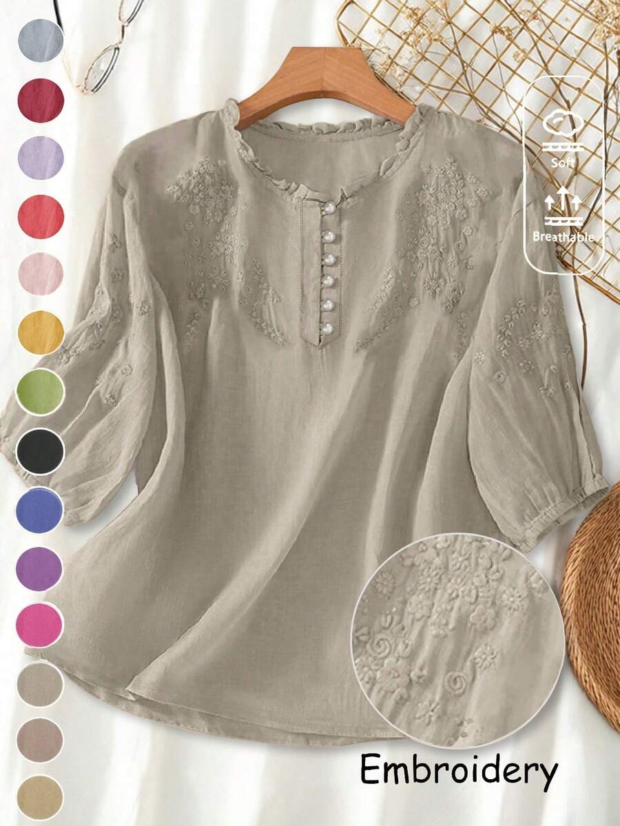 女士春夏刺绣宽松复古休闲中袖衬衫