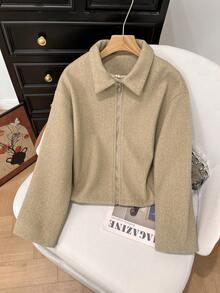 Manteau décontracté élégant de mode d'hiver pour femmes, nouvelle année, couleur unie, épaules tombantes, manches longues, fermeture éclair - Beige - Voir 2