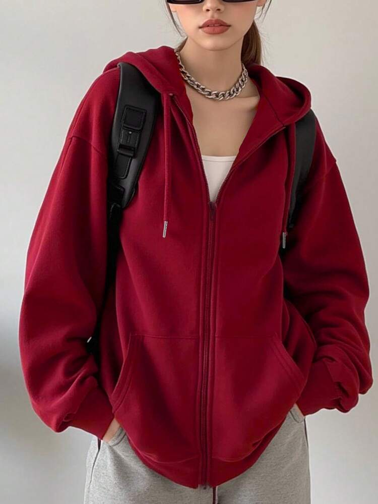 سترة رياضية نسائية فضفاضة مقاس كبير مع سحاب أمامي، غلق بسحاب، أكمام طويلة من القطيفة السميكة مع كابوشون، مناسبة للخريف/الشتاء للرياضة اليومية والملابس العطلات - هدايا عيد الميلاد - عنابي اللون - مشاهدة 4