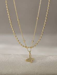 Nooxian 2pcs/Set Women Elegant Minimalist Gold Sparkling Butterfly Copper Zirconia Pendant Layered Pearl Chain Necklace Set (Random Pearl Quantity) - Yellow Gold - View 4