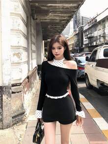 1pc Women's 2 In 1 Polka Dot Long Sleeve Knit Sweater, Off-Shoulder Patchwork Stylish Blouse - Black - View 5