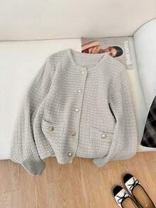 时尚纽扣针织开衫 - 休闲长袖，纯色，女士秋冬服装时尚毛衣