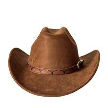 Retro Suede Cowgirl Hat For Women Men Bullet Head Leather Belt Wide Brim Western Cap - Cà phê nâu - Xem 4