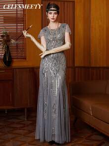 1920s Vintage Style Women's V-Neck Short Sleeve Fringe Long Sequin Beaded Ball Gown, Suitable For Party, Wedding, Maternity Dress - Silver-grey - View 6