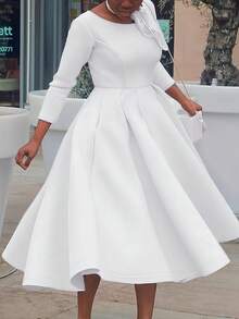 Elegant White Midi Dress For Women Round Neck Three Quarter Sleeve Knitted Fabric Flared Hem Pleated A Line Fit And Flare - 白色 - 查看 7