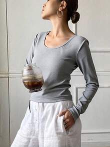 Livesso Camiseta de punto acanalado, Ropa de otoño Blusas de manga larga para mujer - Gris - Ver 2