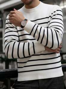 Men's Striped Crew Neck Black And White Knit Sweater, Long Sleeve