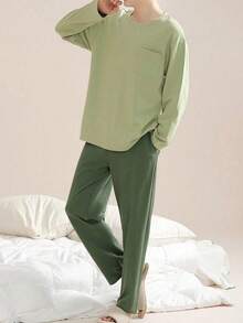 AICJ Bộ đồ ngủ nam 2 món, kiểu dáng rộng rãi, màu trơn, gồm áo cổ tròn và quần, thích hợp cho mùa xuân, thu, đông, ấm áp và thoải mái khi mặc ở nhà. - màu xanh lá - Xem 3