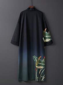 Vintage Elegant Loose Floral Print Mid-Length Kimono Cover Up Outerwear, Summer Tie-Waist Robe Beachwear