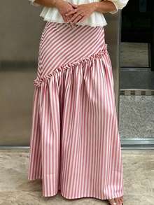 Fashionable Loose A-Line Striped Patchwork Slimming Pleated Skirt, Versatile - Red - View 3