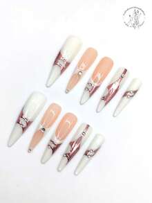 10 Pieces Of Pure Hand-Pressed Wearable Nail, 53mm Long Thin High-Heeled Nail, Pointed Nail, Beige Nail, Flesh-Colored Nail, Rose Gold Coloring, Rhinestone Embellishment. Cute Nail Film. Fake Nail Film. Nails - Multicolor - View 3