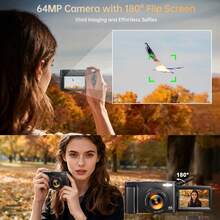 Nicamery Máy ảnh kỹ thuật số 4K, tự động lấy nét, camera quay video WiFi 64MP nâng cấp với màn hình lật 3 inch 180°, zoom kỹ thuật số 16X, máy ảnh du lịch cầm tay dành cho người mới bắt đầu, bao gồm 2 pin, màu đen [Thẻ nhớ bán riêng] - màu đen - Xem 4