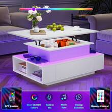35.4-Inch Modern Lift-Top Coffee Table With LED Lights - Heavy-Duty MDF Material, Height Adjustable (Max 23.6 Inches), Large Storage Drawer & Open Shelf, High-Gloss Black Finish, Wireless Operation, Easy To Assemble - Suitable For Living Room & Home Office - 白色 - 查看 5