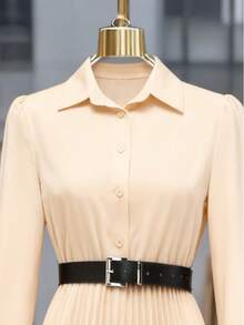 女士优雅褶裥连衣裙，纽扣腰身设计，长袖衬衫式连衣裙（不含腰带），适合秋冬季节穿着 - 杏色 - 查看 4