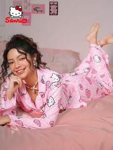 Sanrio 2pcs Hello Kitty Sleepwear Set For Women, Featuring Hello Kitty Design, Bow & Heart Print, Long Sleeve Top And Pants, Cute Pajama Set, Loungewear - Baby Pink - View 5