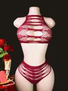 Set de 2 piezas de lencería con mono de encaje sexy - Burdeos - Ver 1