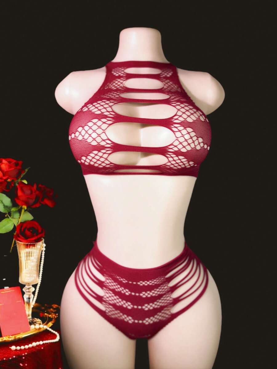 Set de 2 piezas de lencería con mono de encaje sexy - Burdeos - Ver 1