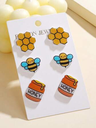 3 יח'/סט עגילים צמודים לדבורה מצוירת חמודה, חלת דבש, עציץ דבש, עגילי דבורה אקריליים יצירתיים, תכשיטי אופנה, אביזרים יומיומיים ומסיבה לנשים