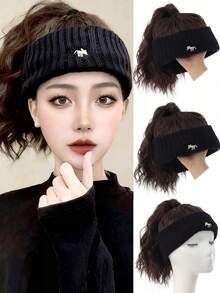 Synthetic Hat Wig, Knitted Hat Wig, Knitted Headband With Hat Wig, One-Piece Empty Top Hat High Ponytail Wig, Suitable For Women's Winter Hat Wig - Brown Black Dark Brown - Multicolor - View 1