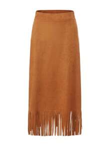 Dravelle 优雅休闲波西米亚风性感高腰中长裙 - 棕色咖啡色仿麂皮面料，流苏裙摆，简约时尚风格，柔软舒适，适合海滩度假、日常办公、节日庆典、生日派对、约会、旅行、感恩节、夏季、春季、秋季和冬季穿着。 - 棕色 - 查看 12