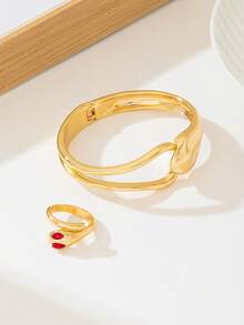 2件套时尚创意百搭加厚金属水滴蛇头手链戒指首饰套装，弹簧扣设计，适合日常搭配，嘻哈朋克街头风格，饰品 - 幾何套裝 - 查看 4