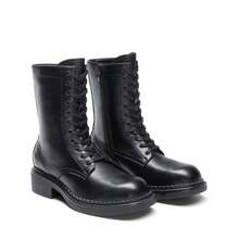 Women's Mid-Calf Combat Motorcycle Boots, Side Zipper Classic Chunky Heel, Lace-Up, Holiday Commuting Winter Shoes - màu đen - Xem 2