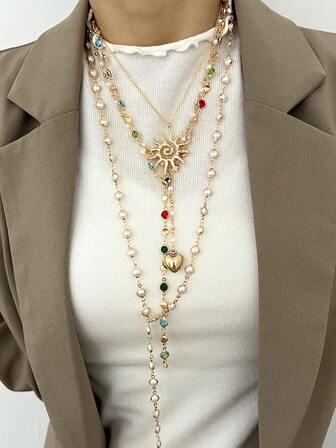 4/2 piezas Collar en forma de Y, Conjunto de collares de moda minimalista elegante y vintage de múltiples piezas con capas, con perla artificial, corazón, geométrico, rhinestone de colores, colgante de sol de múltiples elementos, collar en forma de Y, collar largo, adecuado para vacaciones, fiesta, cita, regalo, uso diario