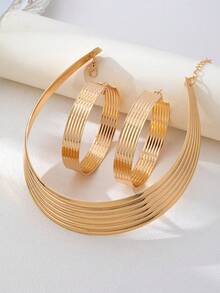 Set de 3 piezas de collar gargantilla y aretes geométricos de metal con diseño exagerado en color dorado - Conjunto de pendientes y gargantilla - Ver 6