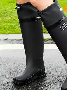女士时尚高筒雨靴，弹性靴口，防水防滑，适合洗车、钓鱼、厨房活动、户外水上活动 - 黑色 - 查看 4